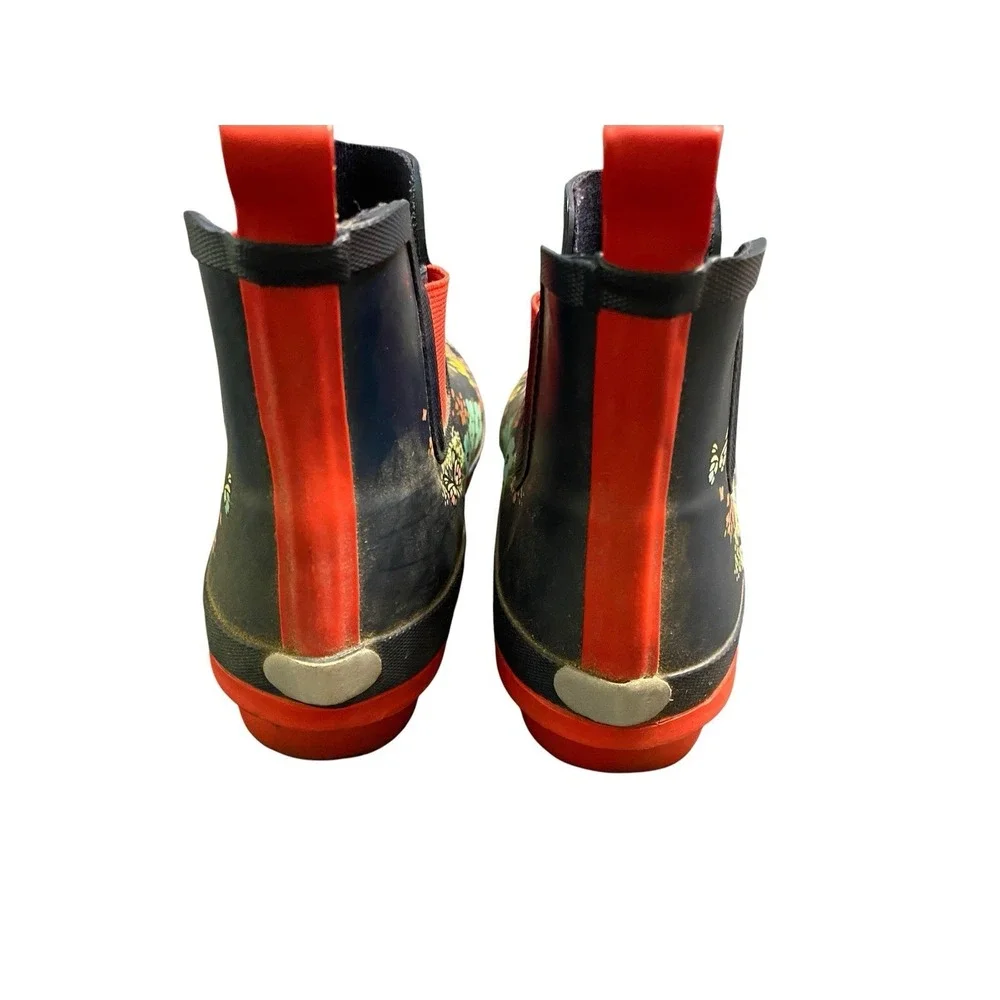 GARDENLINE Women's Floral Rain Boots Size 9 Navy Blue Red Ankle Garden Chelsea